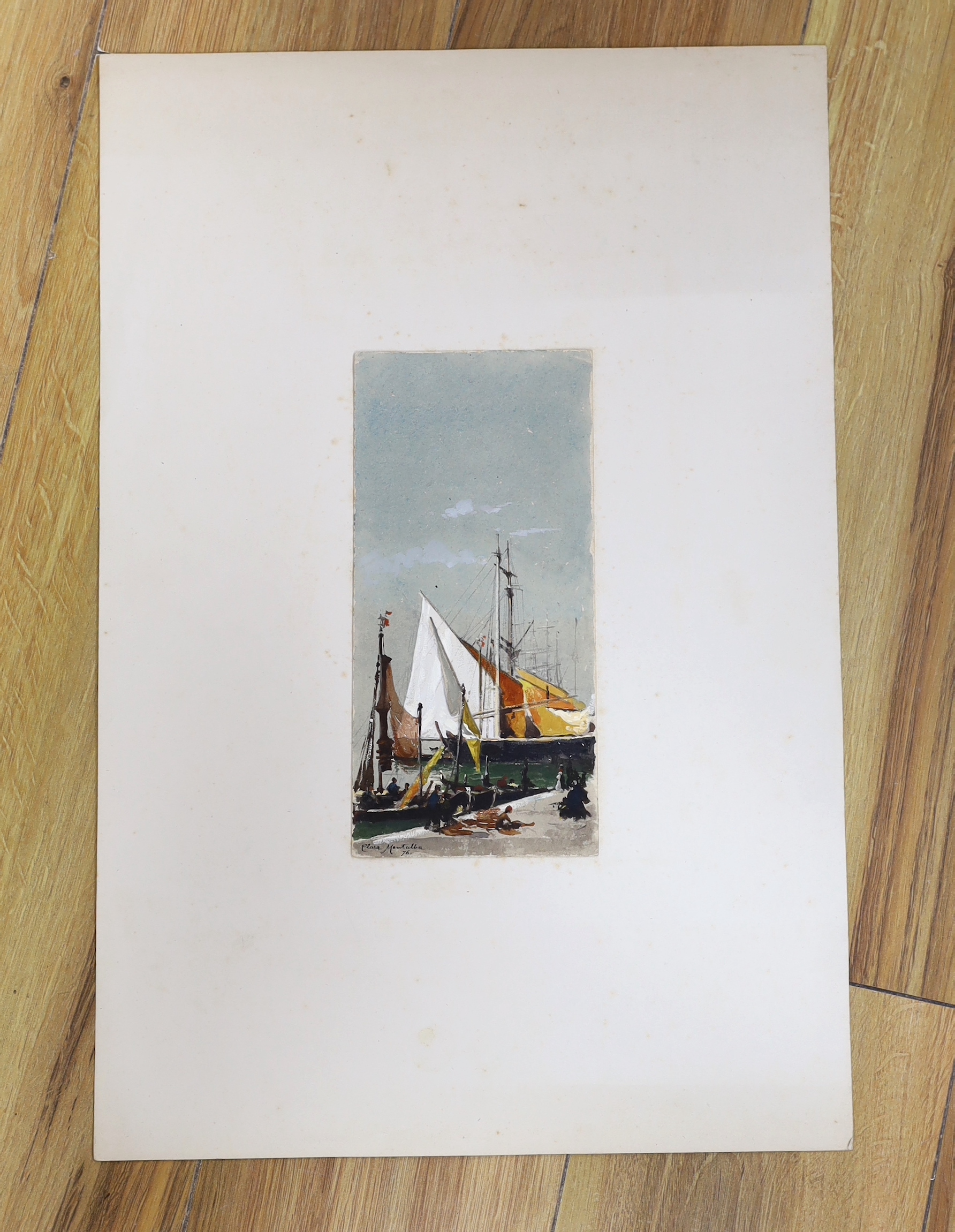 Clara Montalba RWS (1840-1929) watercolour and gouache, Dutch barges, signed and dated '76, unframed, 23 x 11cm